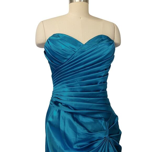 90s Y2K Prom Dress Maxi Gown Size L Teal Strapless Ruched Satin Formal Dance - Picture 3 of 11